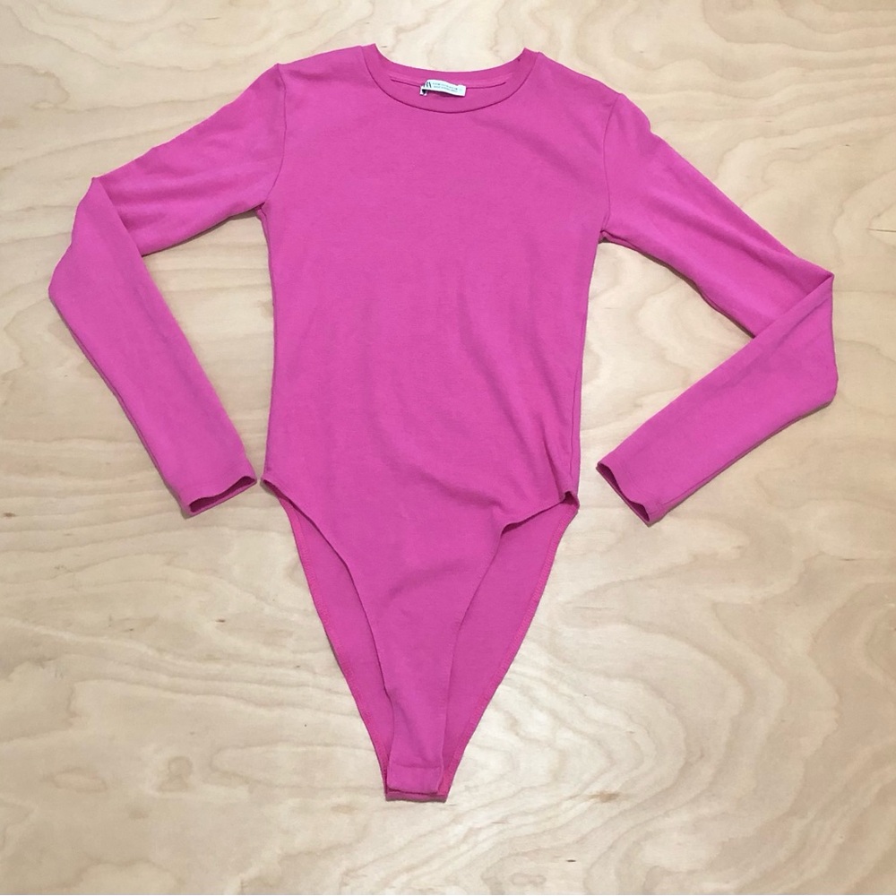 Zara Long Sleeve Pink One-Piece Bodysuit Cotton Blend Womens Size M